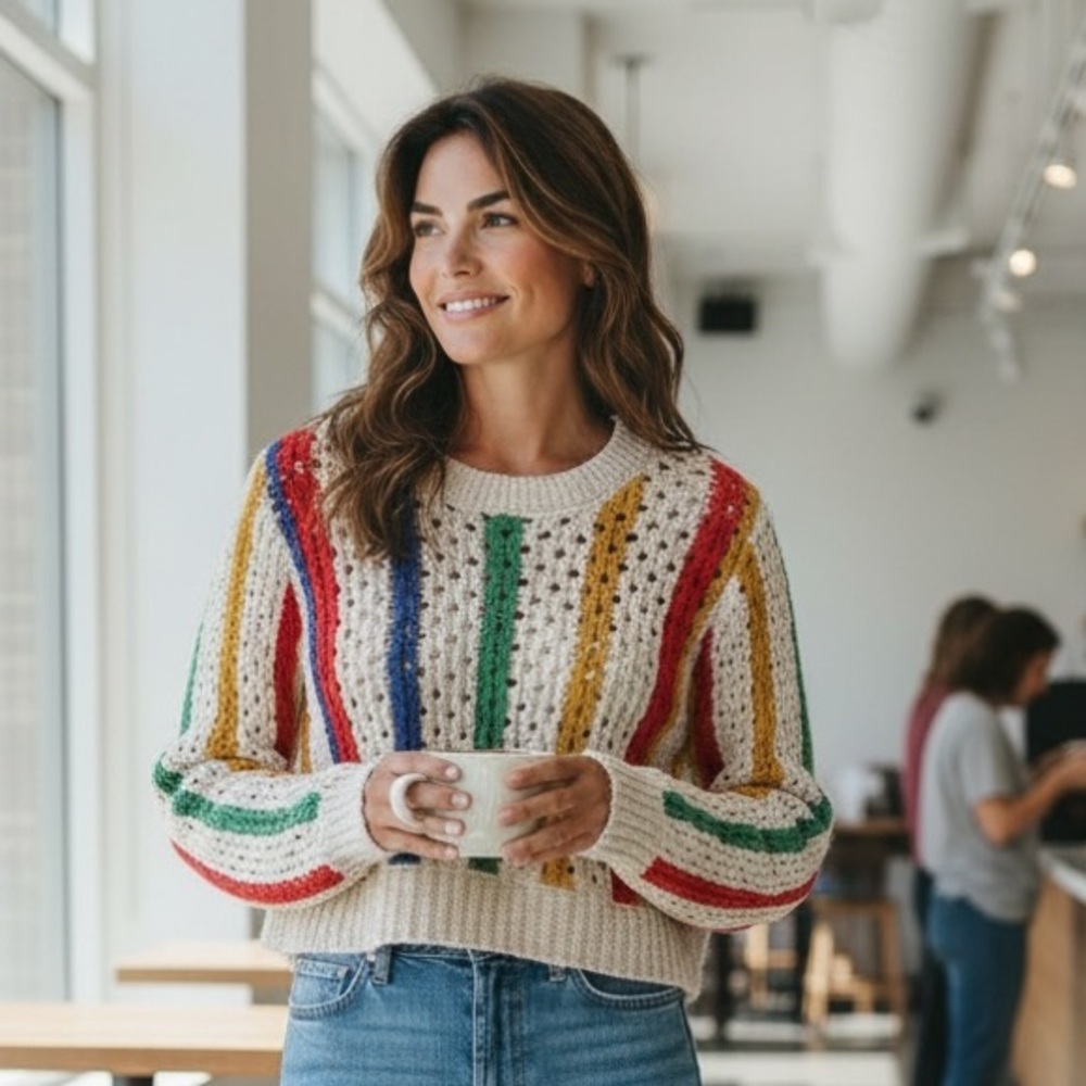 POL Colorful Striped Crew Neck Sweater